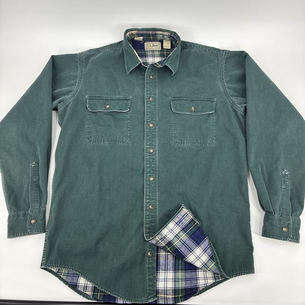 Vintage LL Bean Hurricane Shirt Men Medium Tall Green Flannel Lined Pockets USA